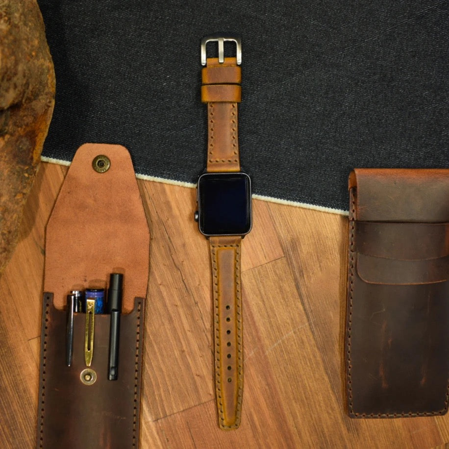 Apple Watch 9 45 MM Handmade Leather Band Strap Light Brown