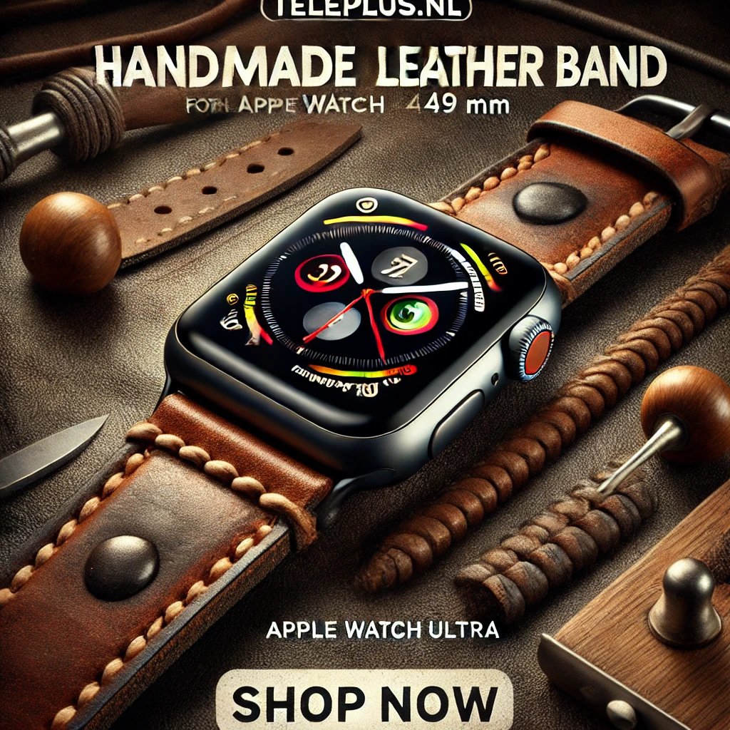 Smartwatch with a brown leather strap and black square face.