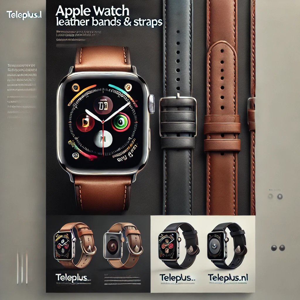 Smartwatch with a brown leather strap and black square face.