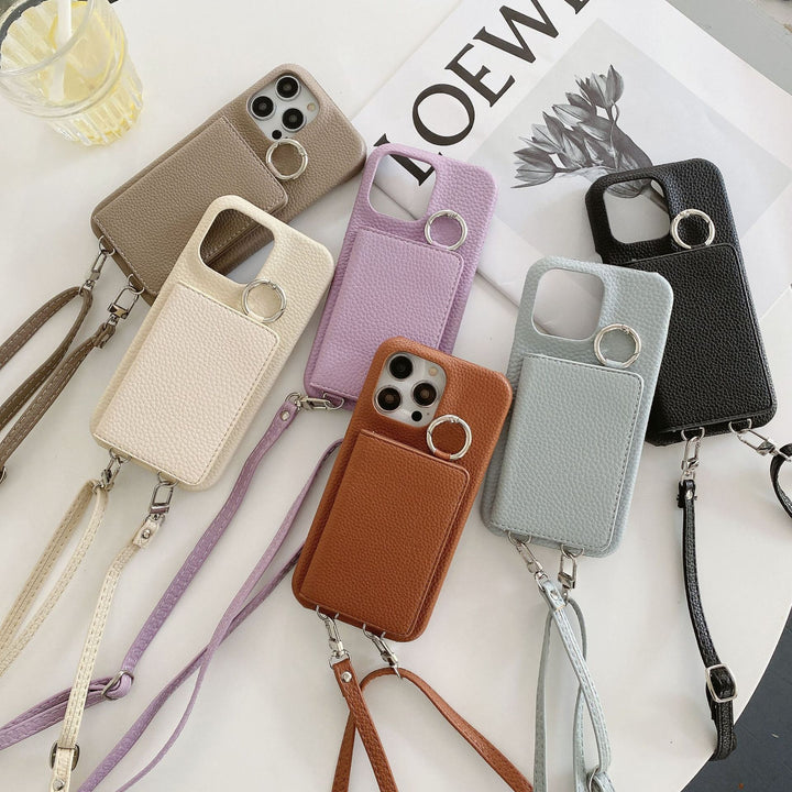 Lychee patroon links en rechter open schoonheid spiegel lanyard telefoonhoes