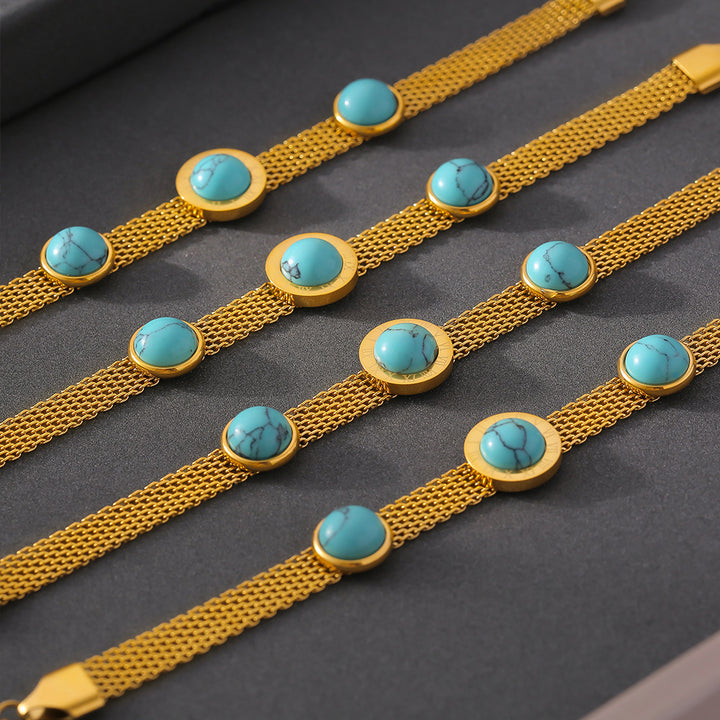 Europäischer und amerikanischer Stil neues breites Oberflächennetz runde Marke Turquoise Armband Retro Persönlichkeit Design Titanium Stahl plattiert 18k Goldzubehör