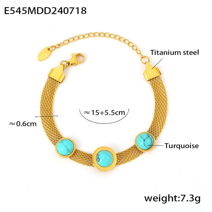 European And American Style New Wide Surface Mesh Round Brand Turquoise Bracelet Retro Personality Design Titanium Steel Plated 18K Gold Accessories