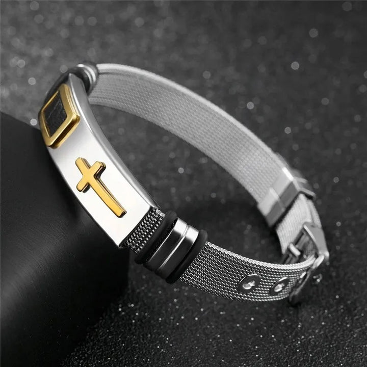 Men's Adjustable Bracelet 3D Cross Stainless Steel Mesh Chain Bracelets Bangles
