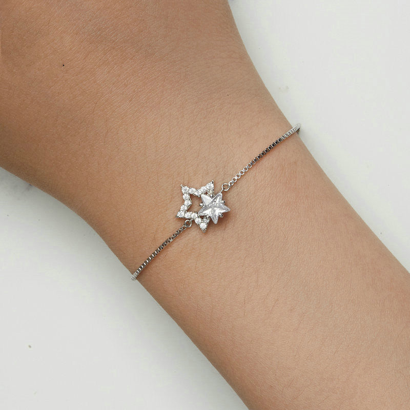 Double Circles Star S925 Sterling Silver White Gold Plated Five Pointed Star Ornament Armband