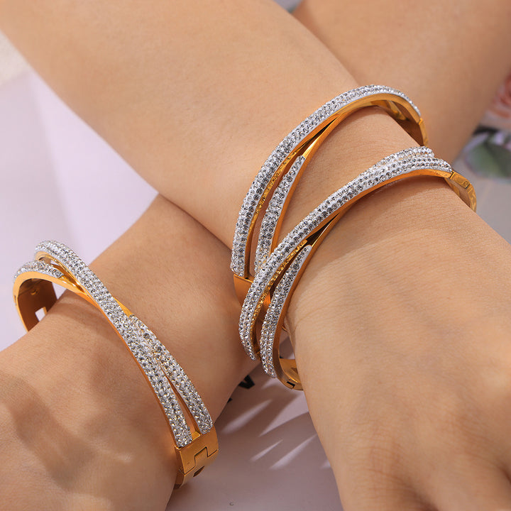 Doppelschicht Twin Titanium Stahl plattiert 18K Real Gold eingelegtes Diamantarmband