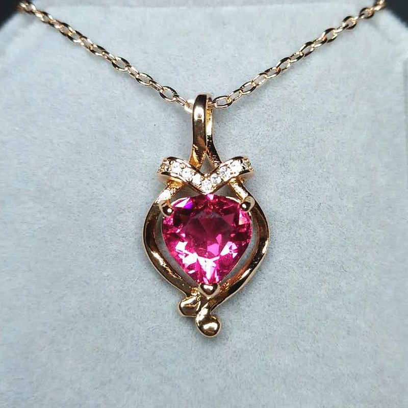 Women's Diamond Heart Pendant Necklace 18K Plated With Red Tourmaline