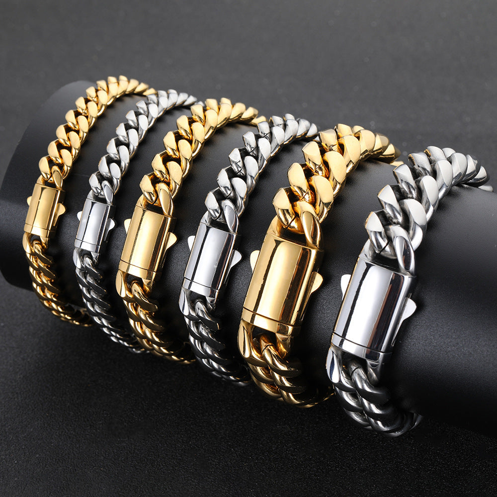 Spring Fastener Stainless Steel Bracelet Hip Hop Cuban Link Chain Men