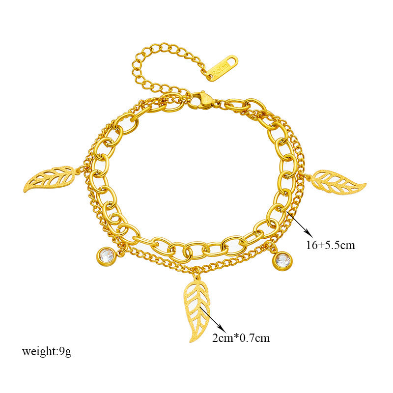 Women's Simple Fashion Special-interest Titanium Steel Metal Double Layer Twin Leaf Diamond Bracelet