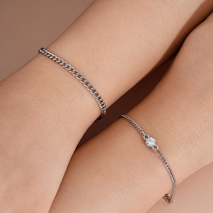 Minority Simple Round Diamond Chain Bracelet Hip Hop Cool Couple 2-piece Set