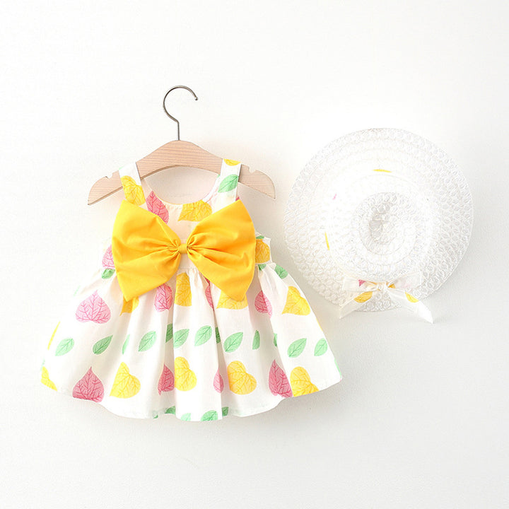 Vestido de suspensório de bow de impressão de impressão de bebê de verão