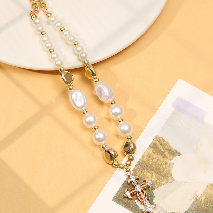 Vintage Cross Necklace Women's All-match Short Pearl Necklace