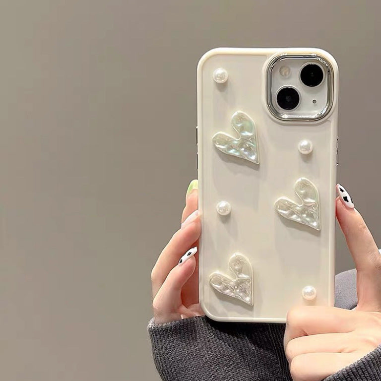 Milky White Cute Small Pearl Pleated Heart Mobile Phone Shell