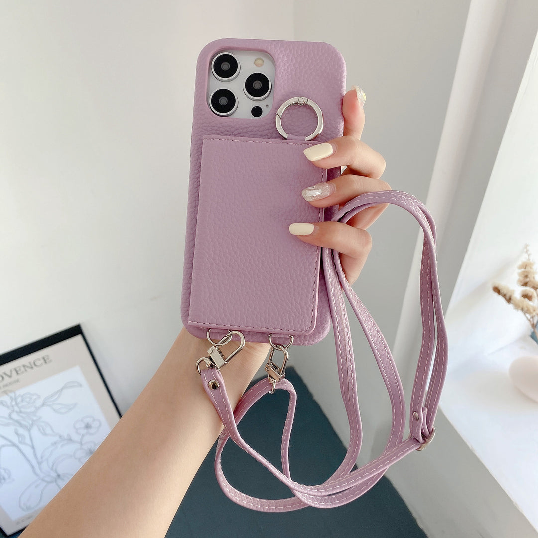 Lychee Pattern Left And Right Open Beauty Mirror Lanyard Phone Case