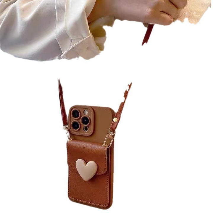 Brown Heart Card Holder Skórzowa okładka telefonu ukośna