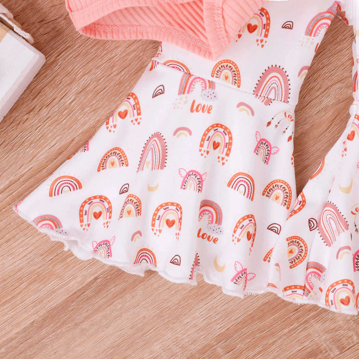 Baby Girl Toddler Summer Bow Suspenders V-neck Short Sleeve Onesie Printed Bell-bottom Pants
