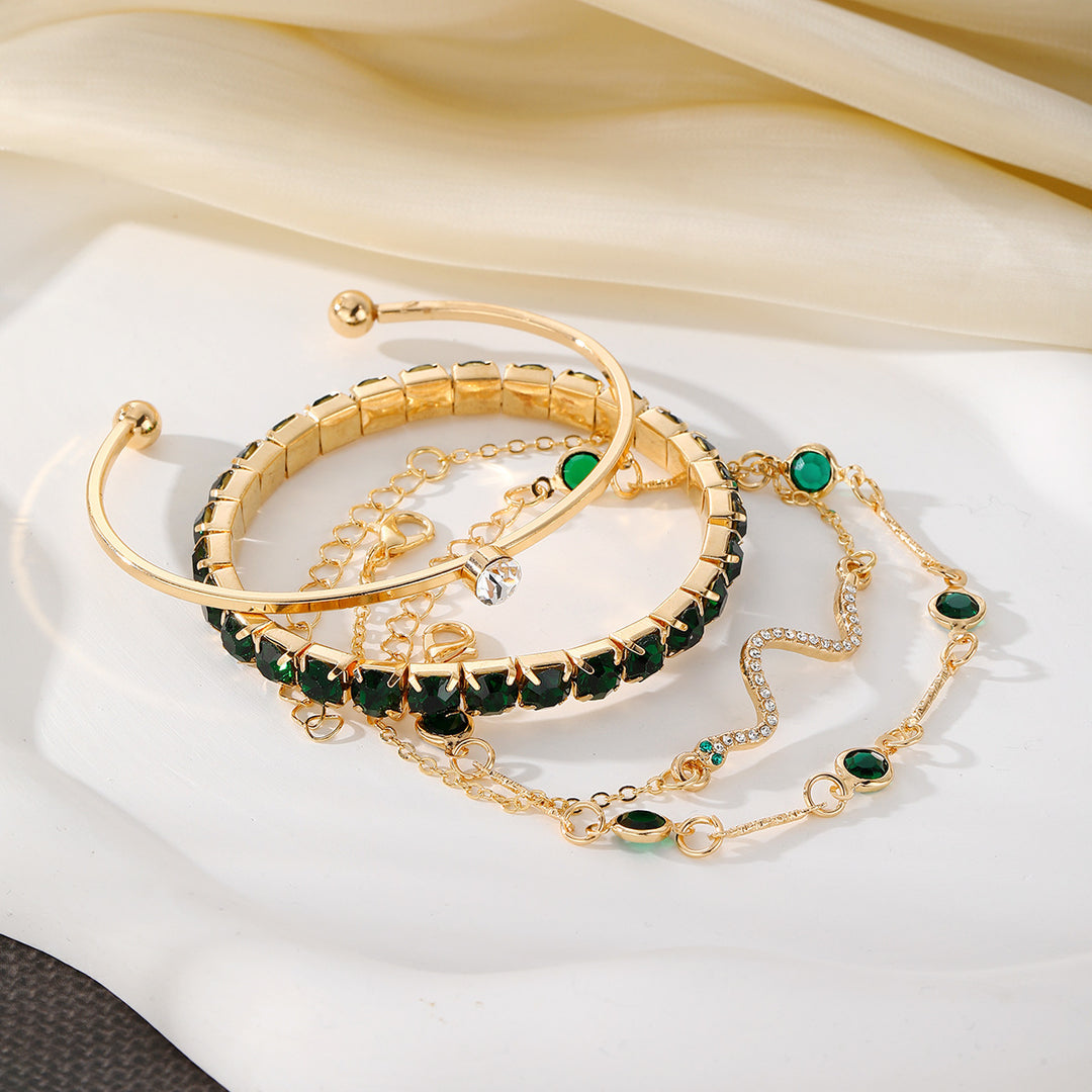 Grate-mère verte de mode Bracelet Stretch Diamond Ensemble de 4 pièces pour femmes