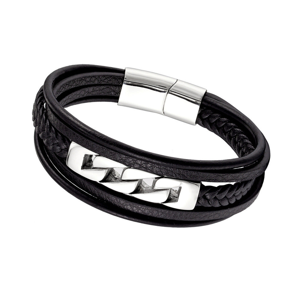 Bracelet tissé multicouche en cuir en acier inoxydable