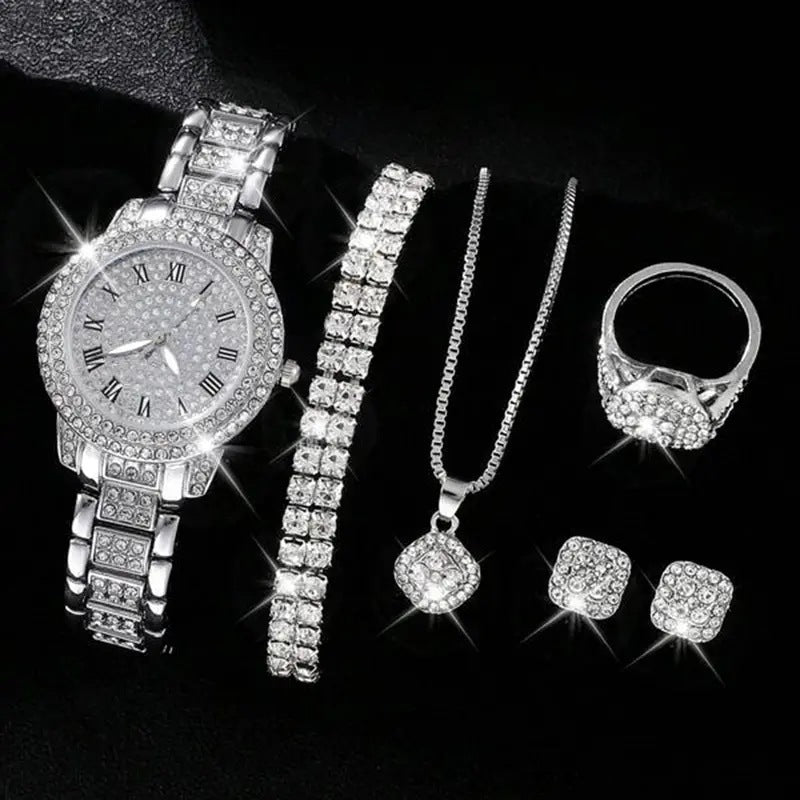 Frauen Diamond Fashion Roman Quartz Watch Fünf-teiliges Set