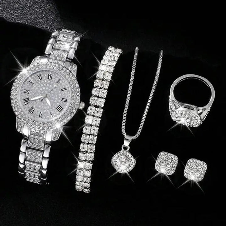 Frauen Diamond Fashion Roman Quartz Watch Fünf-teiliges Set