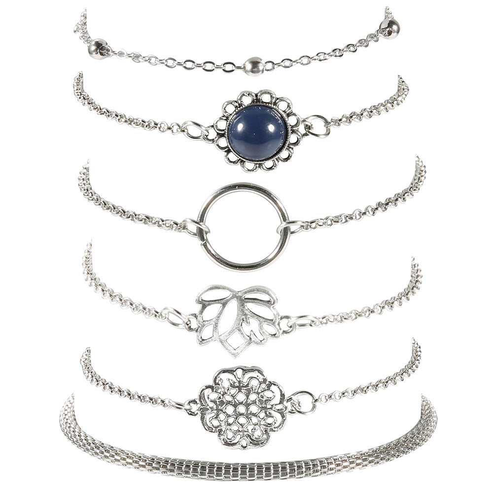 Europe and the United States simple set of 6 lotus lotus leaf round stone flower beads chain trendy fashion bracelet set