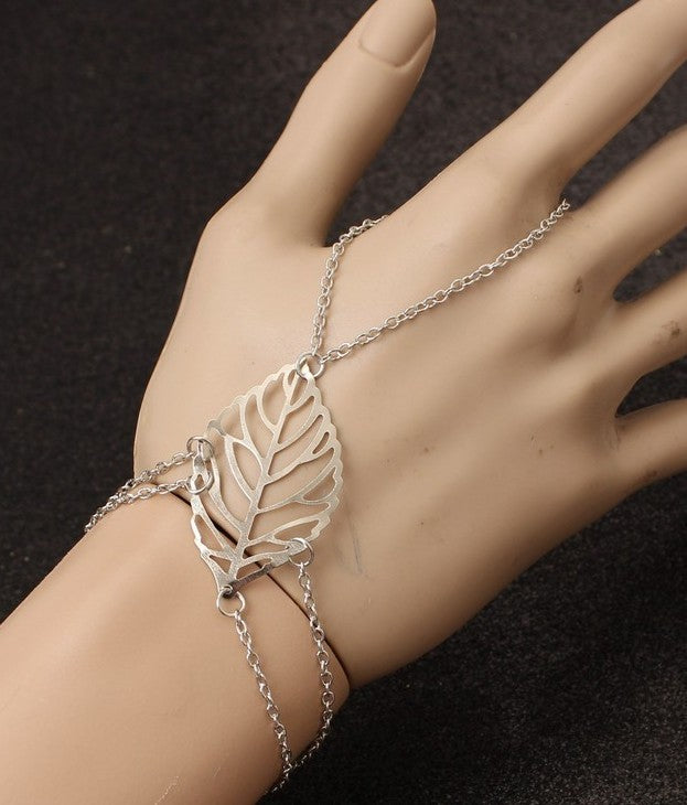 SUSENSTONE Women's Hollow Leaves Finger Bangle Chain Gold Bracelet