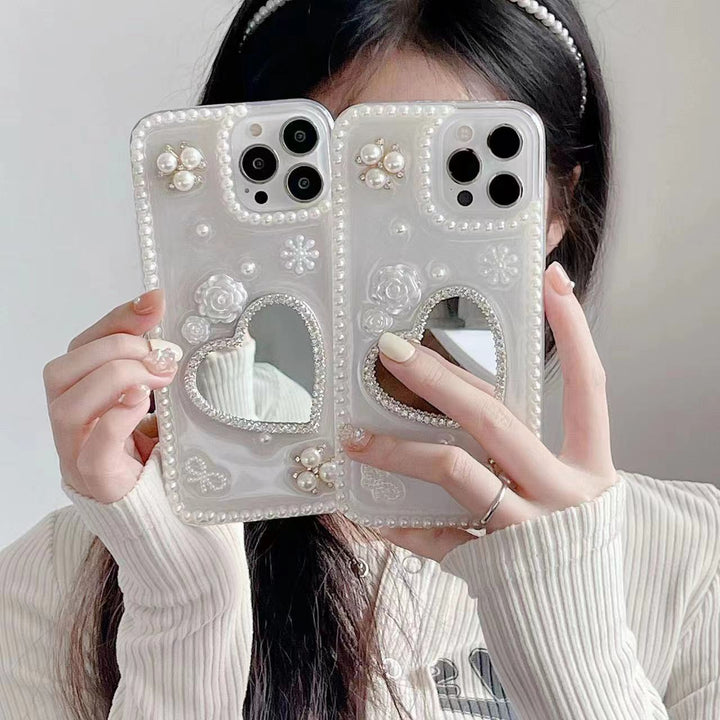 Caixa de telefone criativa do espelho de formato de coração de flor de pérola crua