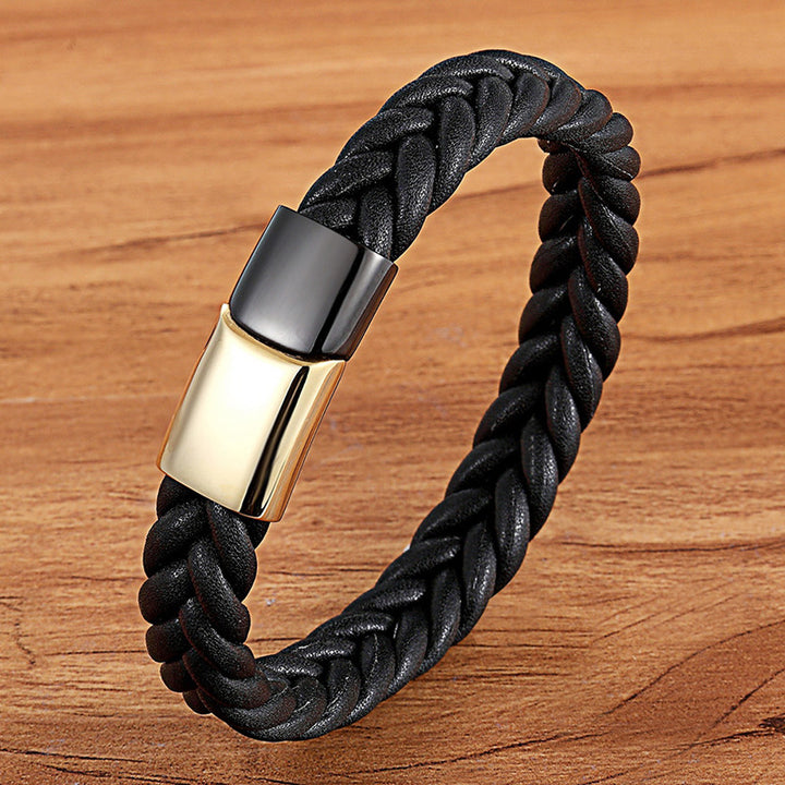 Stainless Steel Titanium Two-tone Buckle Leather Cord Bracelet