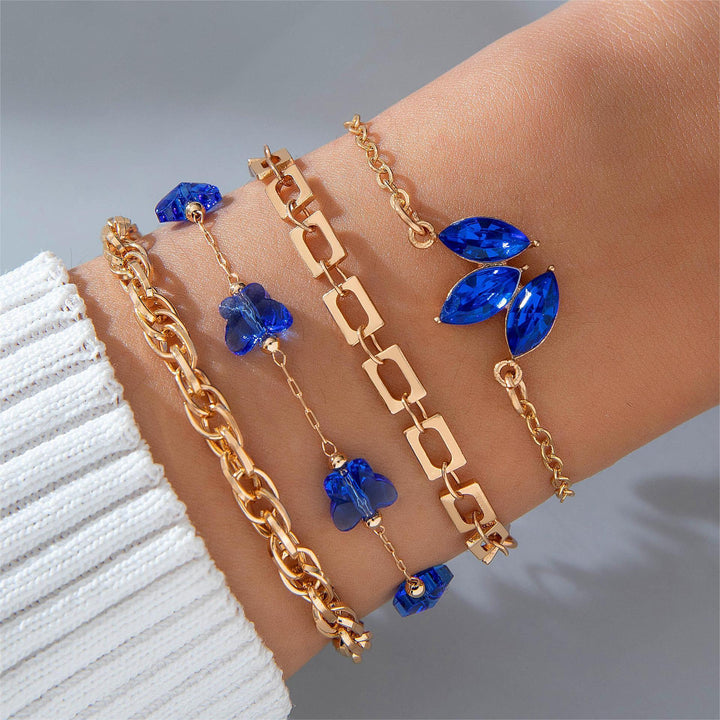 4pcs Blue Flower Love Butterfly Bracelet Ensemble avec des strass de conception de la Saint-Valentin