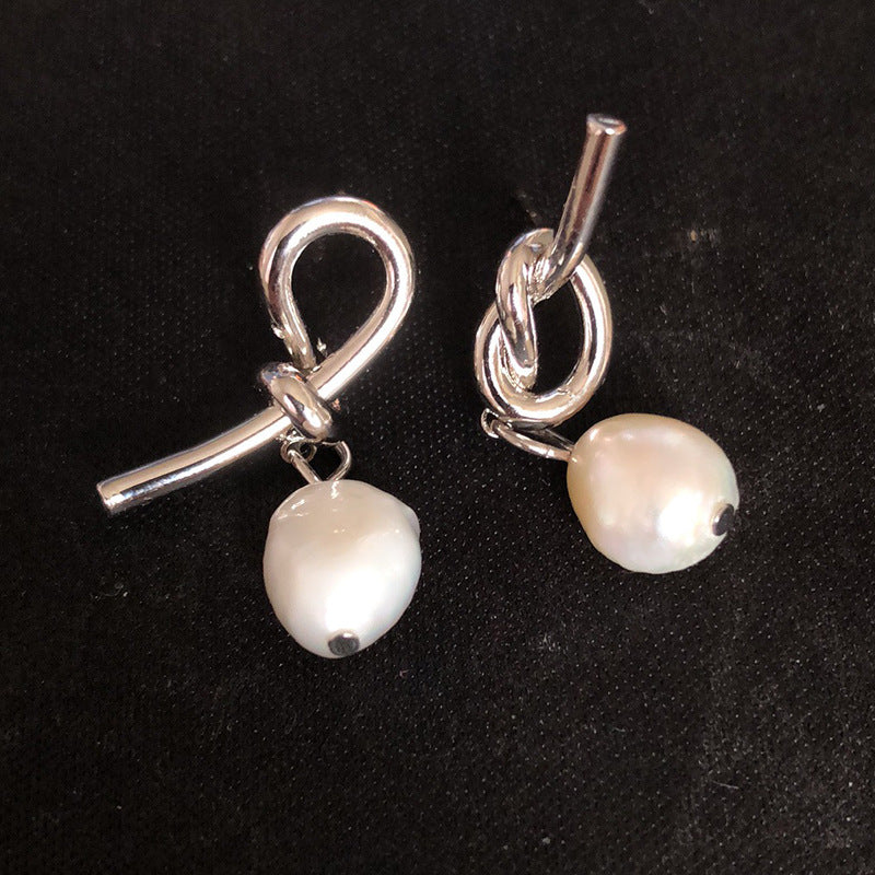 Fashionable All-match Asymmetric Knotted Pearl Eardrops Earrings