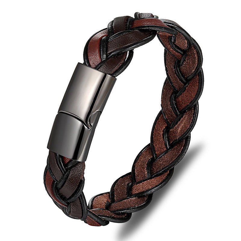 Pulseira de couro de aço inoxidável masculino