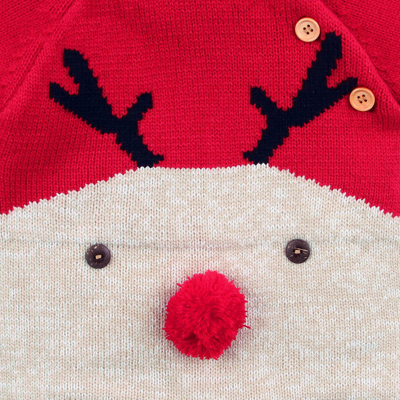 男の子と女の子は漫画鹿のロンパークリスマスセーターを編んだ