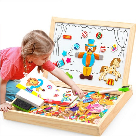 Ahşap manyetik bulmaca oyuncakları çocuklar 3d bulmaca kutusu figür hayvanları sirk yazma çizim tahtası öğrenme eğitim oyuncakları çocuklar için