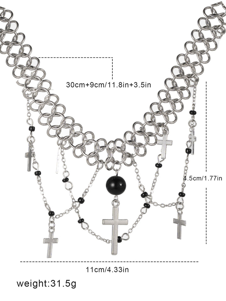 Dark Punk Metal Chain Tassel Necklace, Sweet And Cool Hip-hop Cross Pendant Necklace