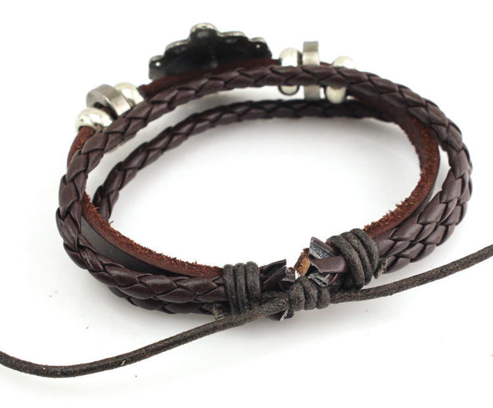 Men's Leather Retro Easy Matching Woven Telescopic Five-pointed Star Bracelet