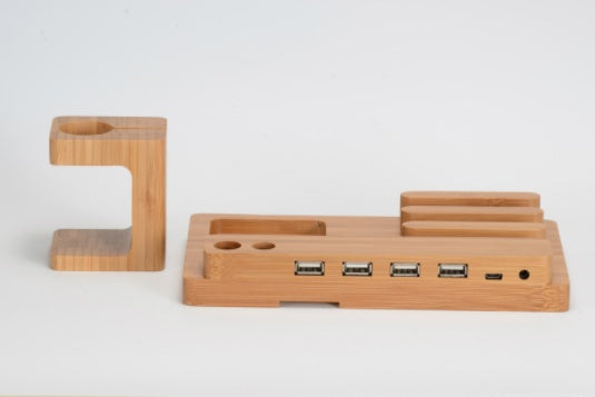 Compatible con manzana, bambú, madera y mobile, soporte de manzana cargando corchete de madera base de teléfonos múltiples con celda plana