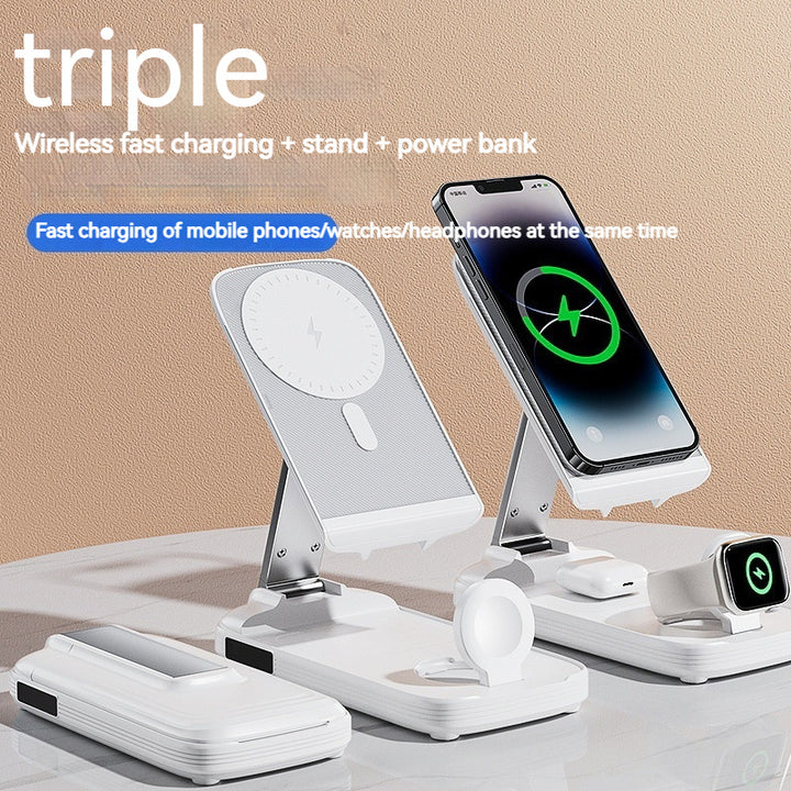 Tres en uno Magsafe Wireless Charging Fasting Pleging Mobile Soporte Magnético Banco de energía vertical
