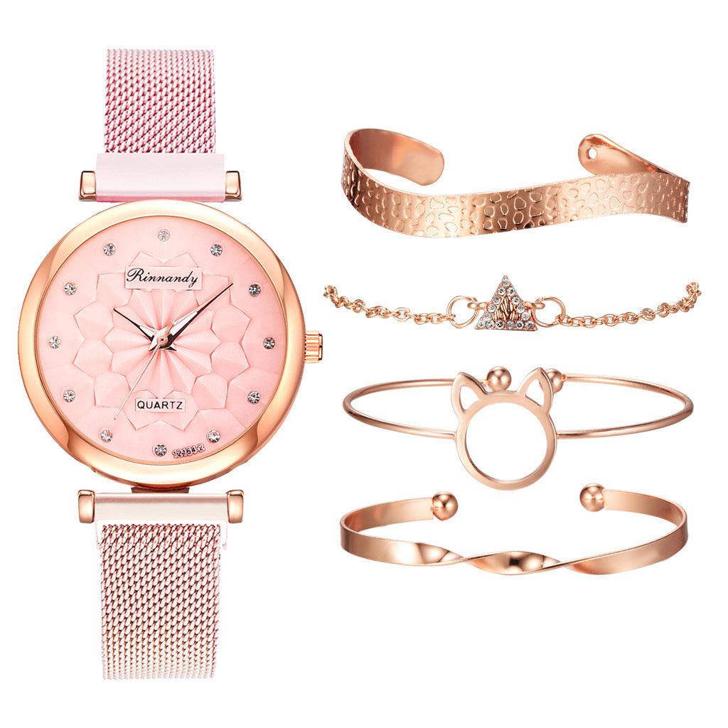 Bloemmagetische gesp gemel Milaan Mesh Strap Horloge armbandpak