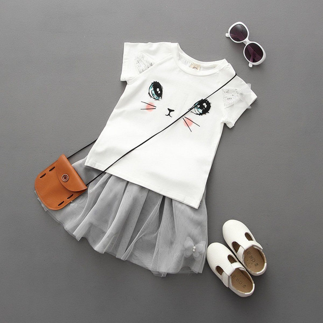 NUEVAS Niñas Kids Cute Child Child Cat Camiseta Camiseta de manga corta Mariposa con cuentas de falda Puffy Skirt Set
