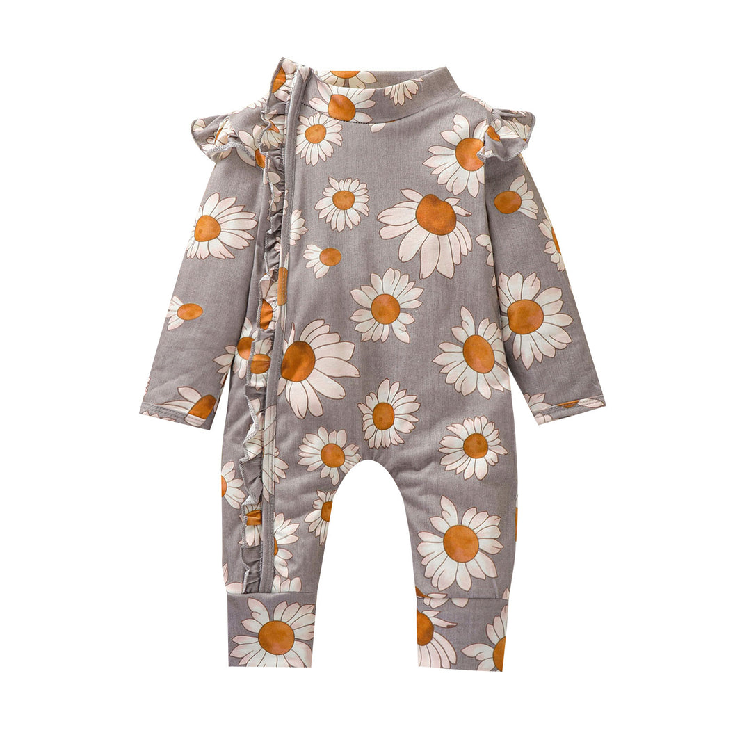 Toddler Girl Sunflower Print Romper Long Fly Sleeve Ruffle Front Hidden Zipper Jumpsuits For Newborn Spring Baby Clothes