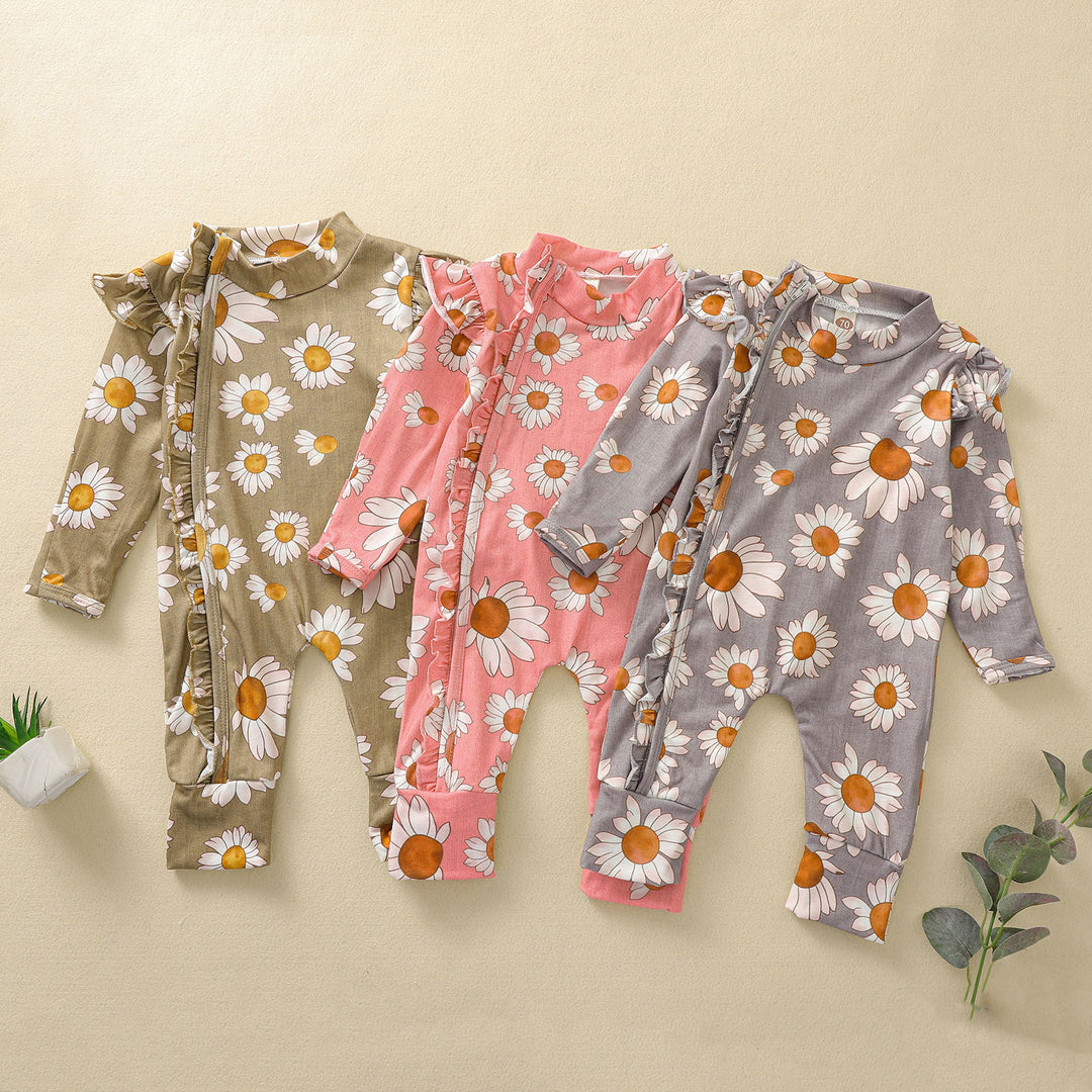 Toddler Girl Sunflower Print Romper Long Fly Sleeve Ruffle Front Hidden Zipper Jumpsuits For Newborn Spring Baby Clothes