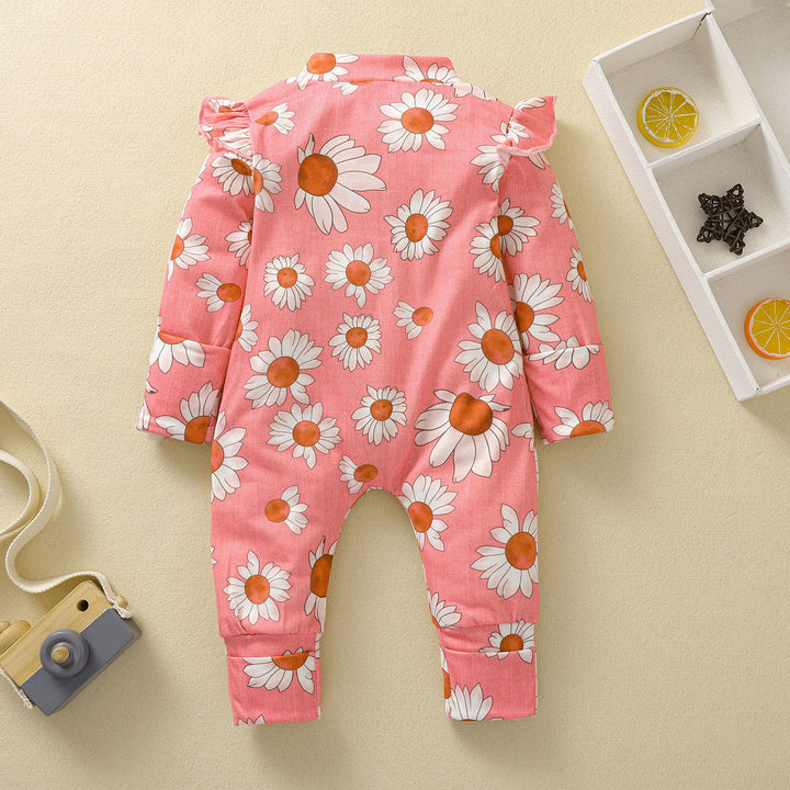 Toddler Girl Sunflower Print Romper Long Fly Sleeve Ruche Front Hidden Zipper Jumpsuits voor pasgeboren lente Babykleding