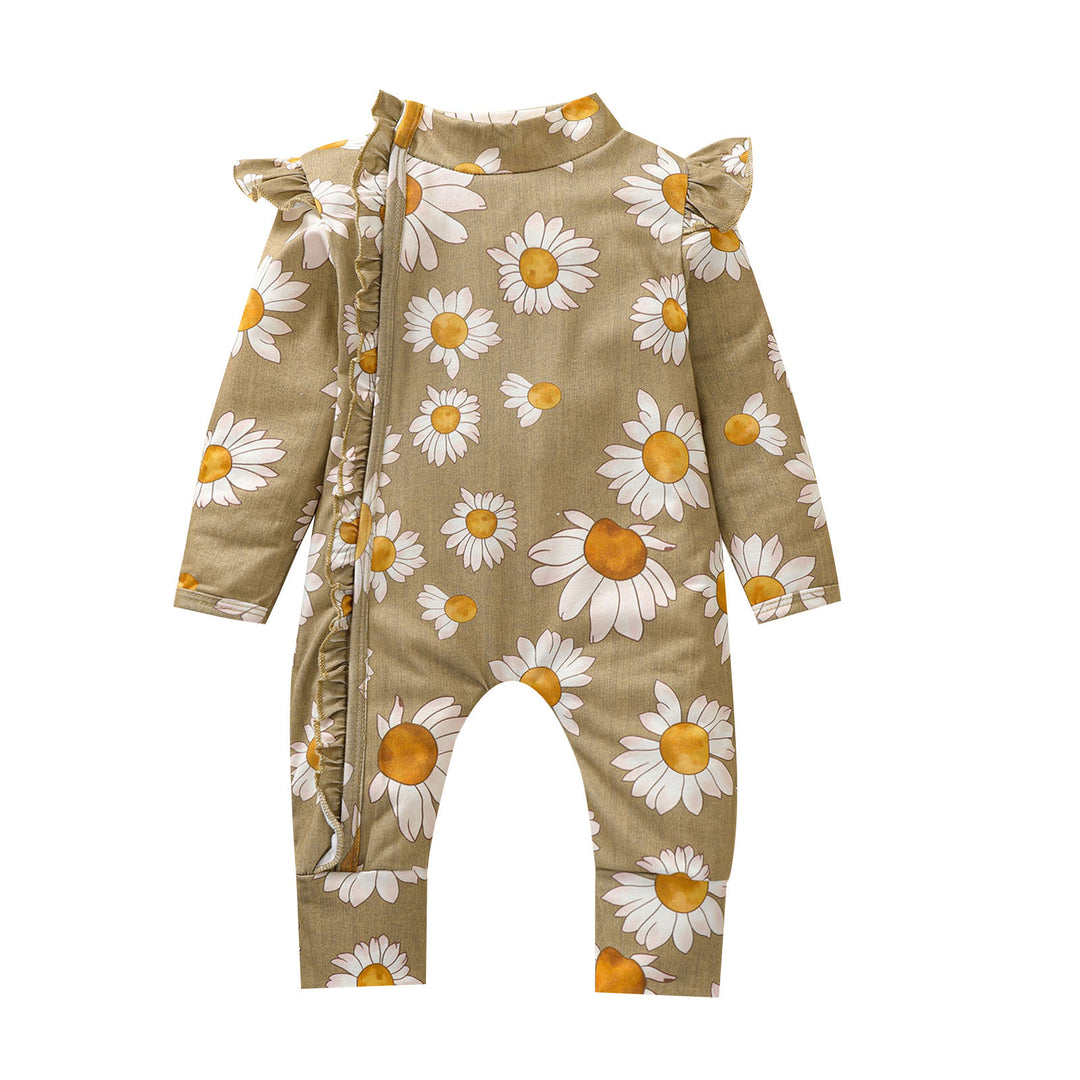 Kleinkindmädchen Sonnenblumendruck Strampler langer Fliegenhülsen Rüsche Front Hidden Reißverschluss Jungenuits für Neugeborene Frühlingsbabykleidung
