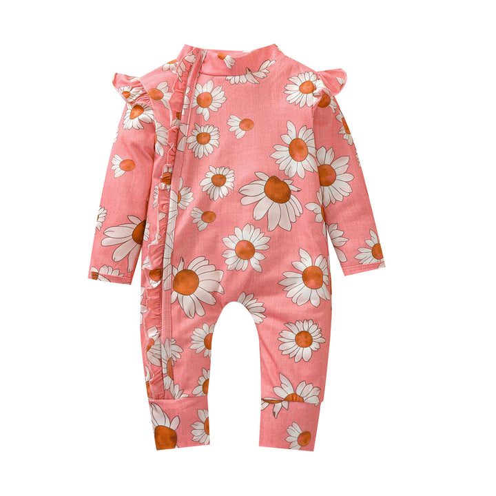 Toddler Girl Sunflower Print Romper Long Fly Sleeve Ruche Front Hidden Zipper Jumpsuits voor pasgeboren lente Babykleding