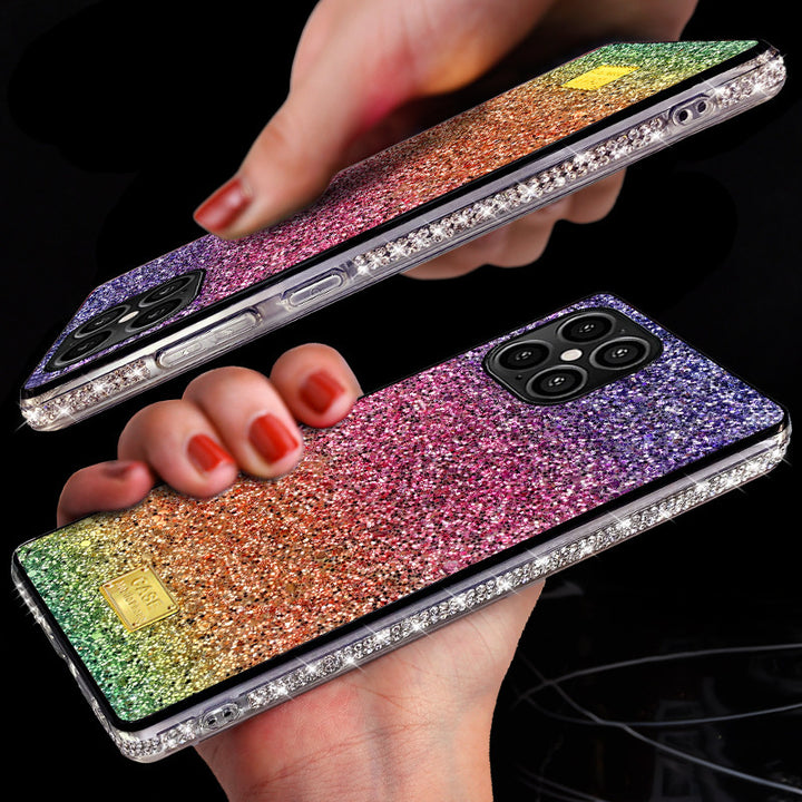 Nueva caja de teléfono adecuada para la caja de teléfonos móviles de diamantes de cuero de arcoiris pegado