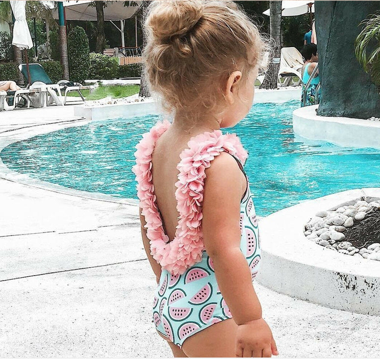 Gyerekek kislány görögdinnye fürdőruhás 3D virág bikini úszás fürdőruha