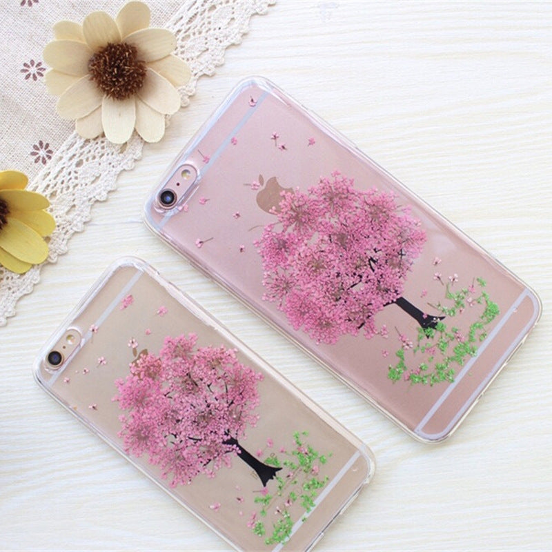 متوافق مع هاتف Apple، جراب هاتف Hanfeng Real Flower Epoxy جراب واقٍ للهاتف على شكل زهرة جافة للنساء