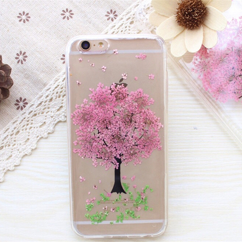 متوافق مع هاتف Apple، جراب هاتف Hanfeng Real Flower Epoxy جراب واقٍ للهاتف على شكل زهرة جافة للنساء