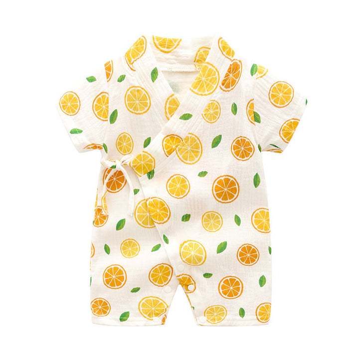 ベビーロンパー、赤ちゃんの短袖の着物ロンパー、柔らかく通気性のあるクレープ印刷されたワンピース、クラスA品質