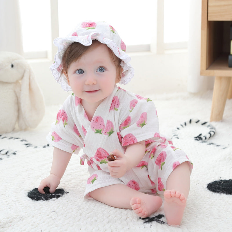 ベビーロンパー、赤ちゃんの短袖の着物ロンパー、柔らかく通気性のあるクレープ印刷されたワンピース、クラスA品質