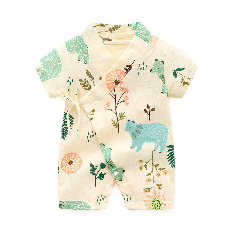 Baby romper, baby korte mouwen kimono romper, zachte en ademende crêpe geprinte eendelige, klasse A-kwaliteit